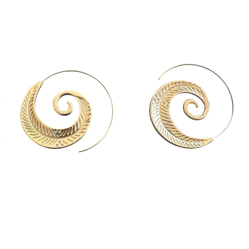 Gold Swirl Design Pierced Hoop Earrings with Engraved Accents